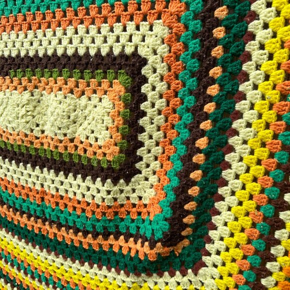 Vintage 70's Handmade Blanket Knit Square Mod Green Yellow Brown Crochet Fall - Picture 3 of 8